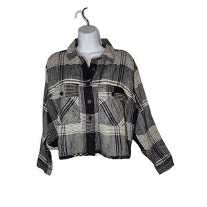 Japna Plaid Collection Black Ivory Button Up Crop Top Boxy Cotton Flannel Top M